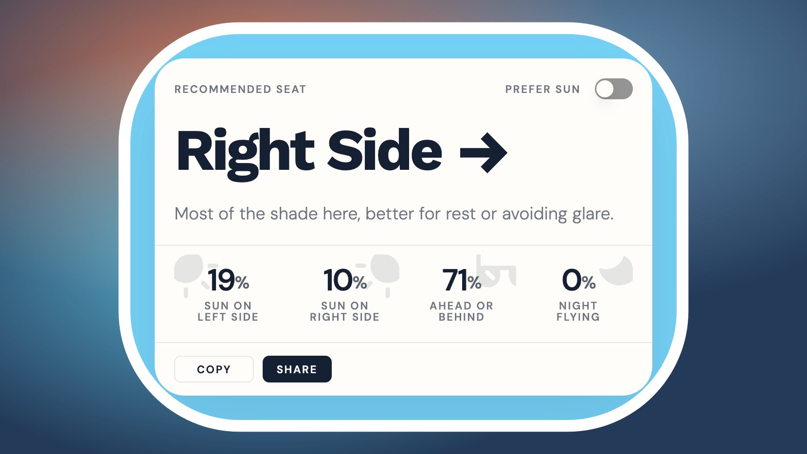 The recommendation card showing Right Side, with 19% sun on the left side, 10% on the right, 71% ahead or behind and 0% night