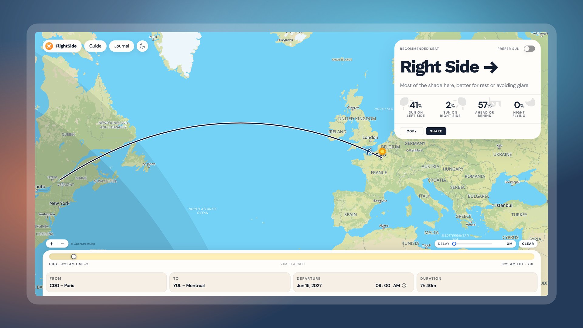A Paris to Montreal flight on the map, with the recommendation card showing Right Side: 41% sun on the left side, 2% on the right, 57% ahead or behind and no night