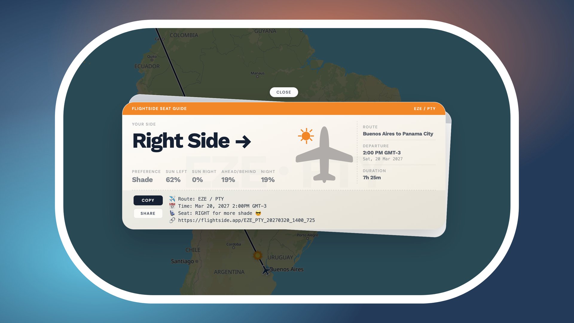 The boarding pass for a Buenos Aires to Panama City flight, showing Right Side, the four numbers, the flight time and the summary text with Copy and Share buttons