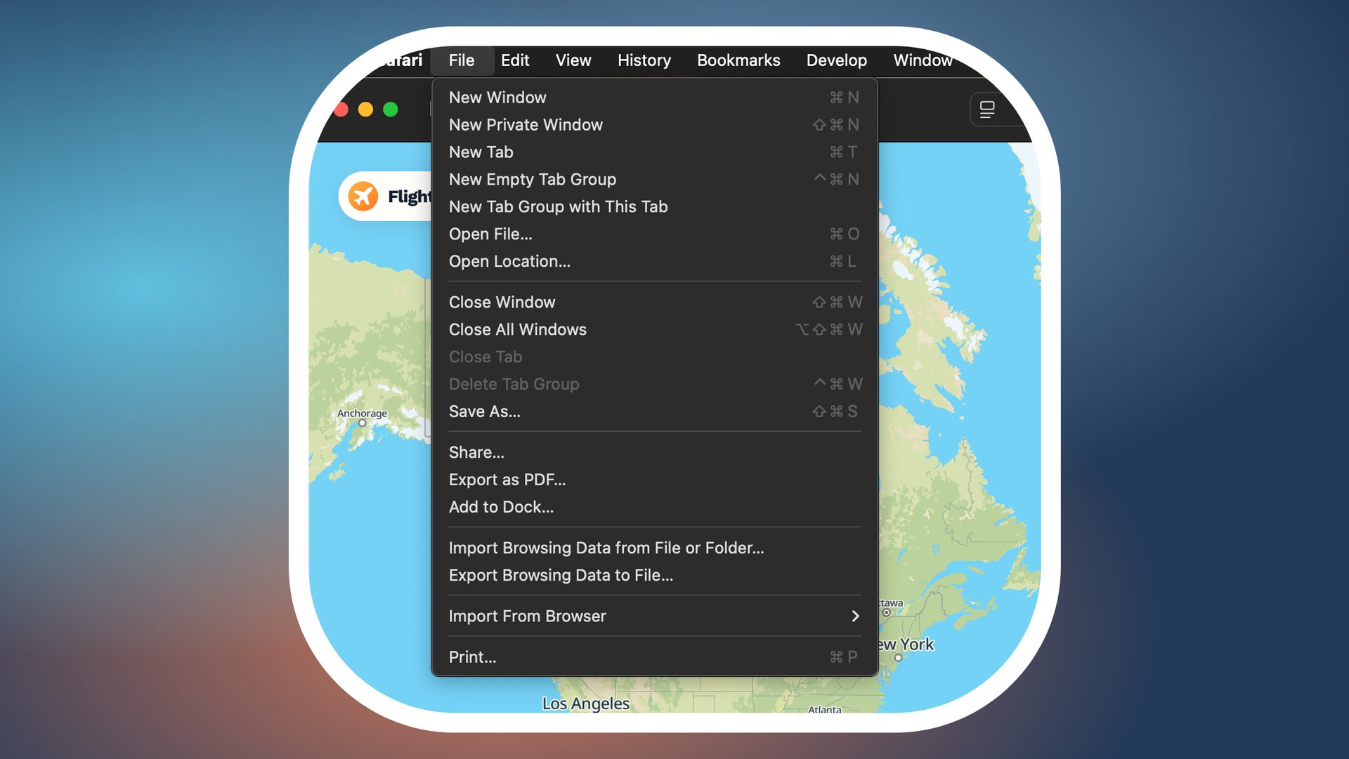 Safari's File menu open on a Mac, with Add to Dock in the list and FlightSide behind it