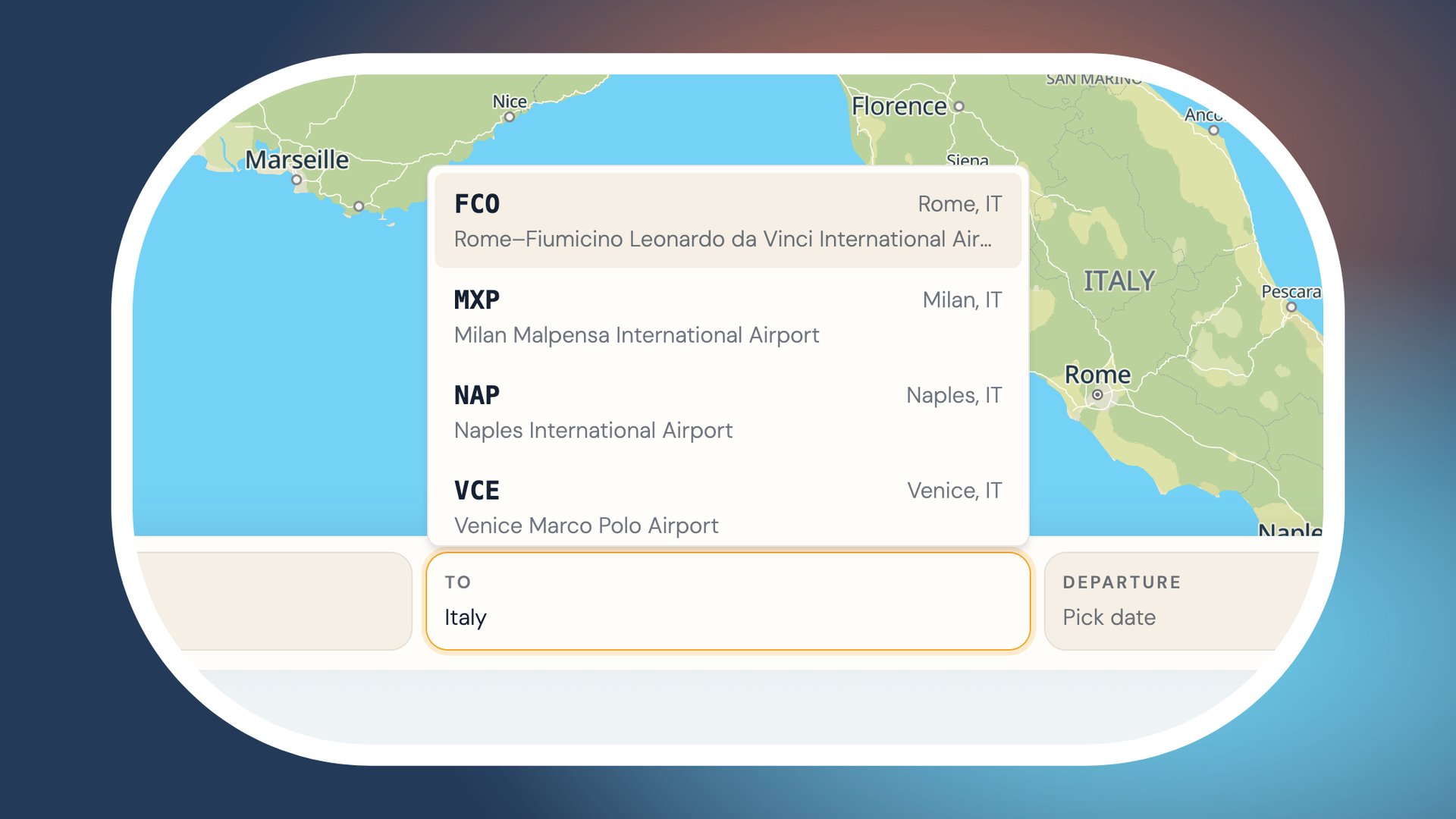 The To field with "Italy" typed in, listing Rome Fiumicino, Milan Malpensa, Naples and Venice airports
