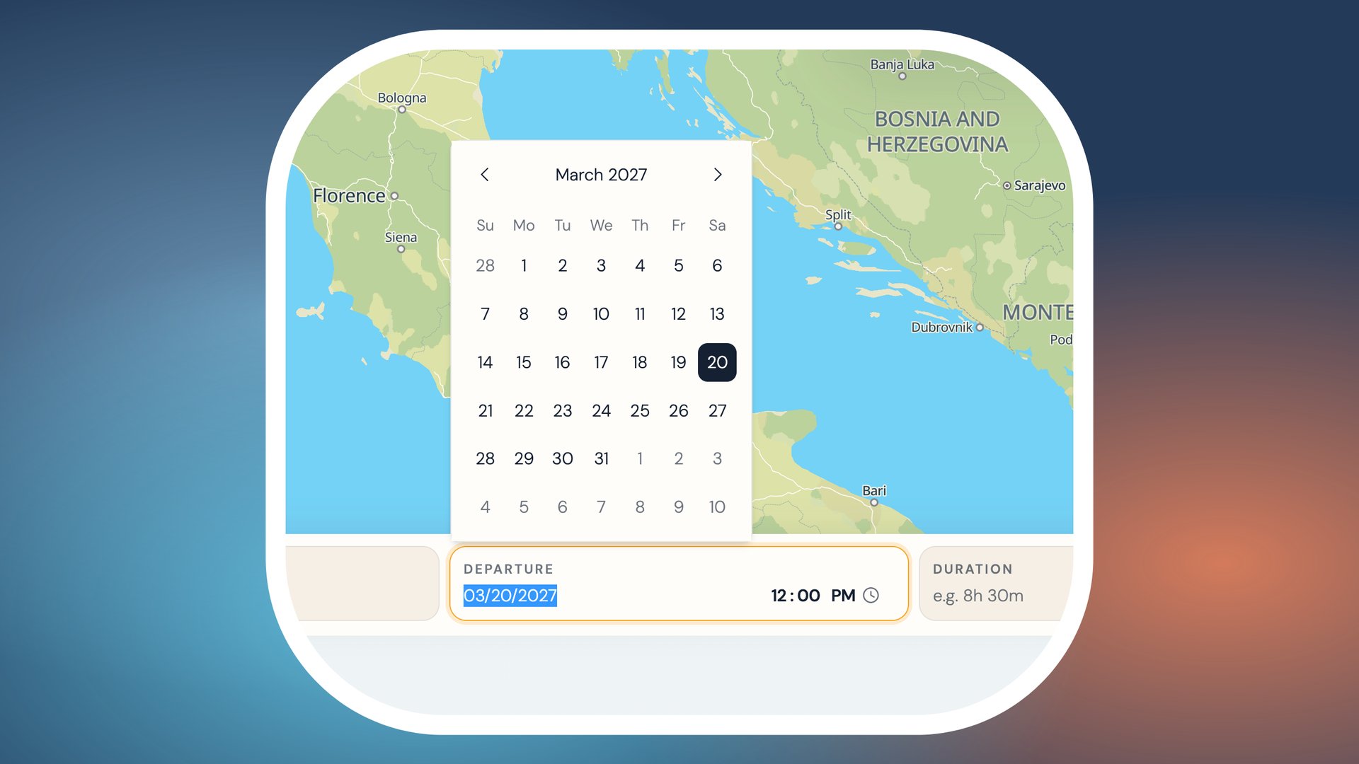 The departure date picker open on March 2027, with the 20th selected and a 12:00 PM departure time