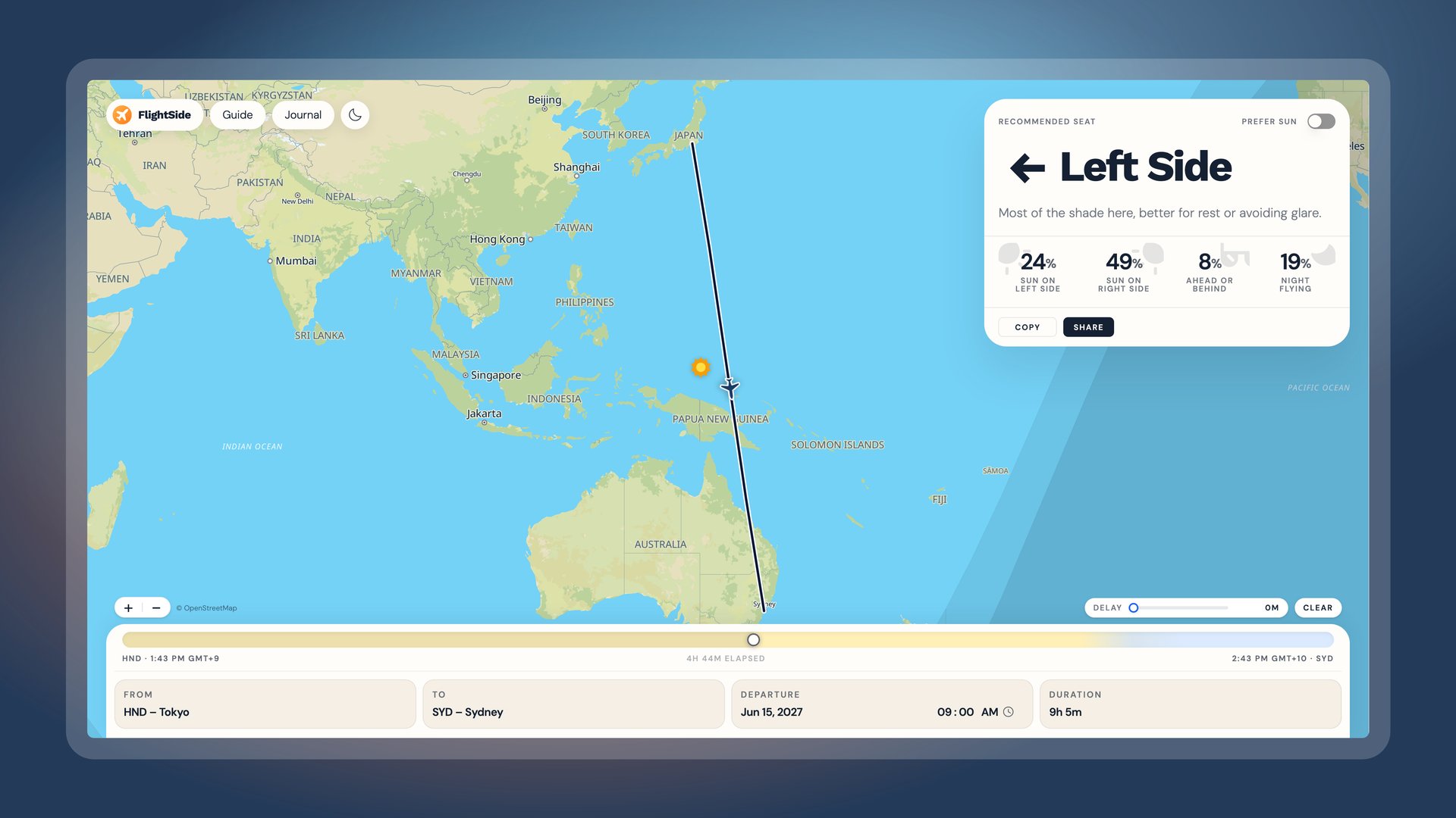 A Tokyo to Sydney flight with the timeline dragged to 4h 44m elapsed, the plane over Papua New Guinea and the sun beside it