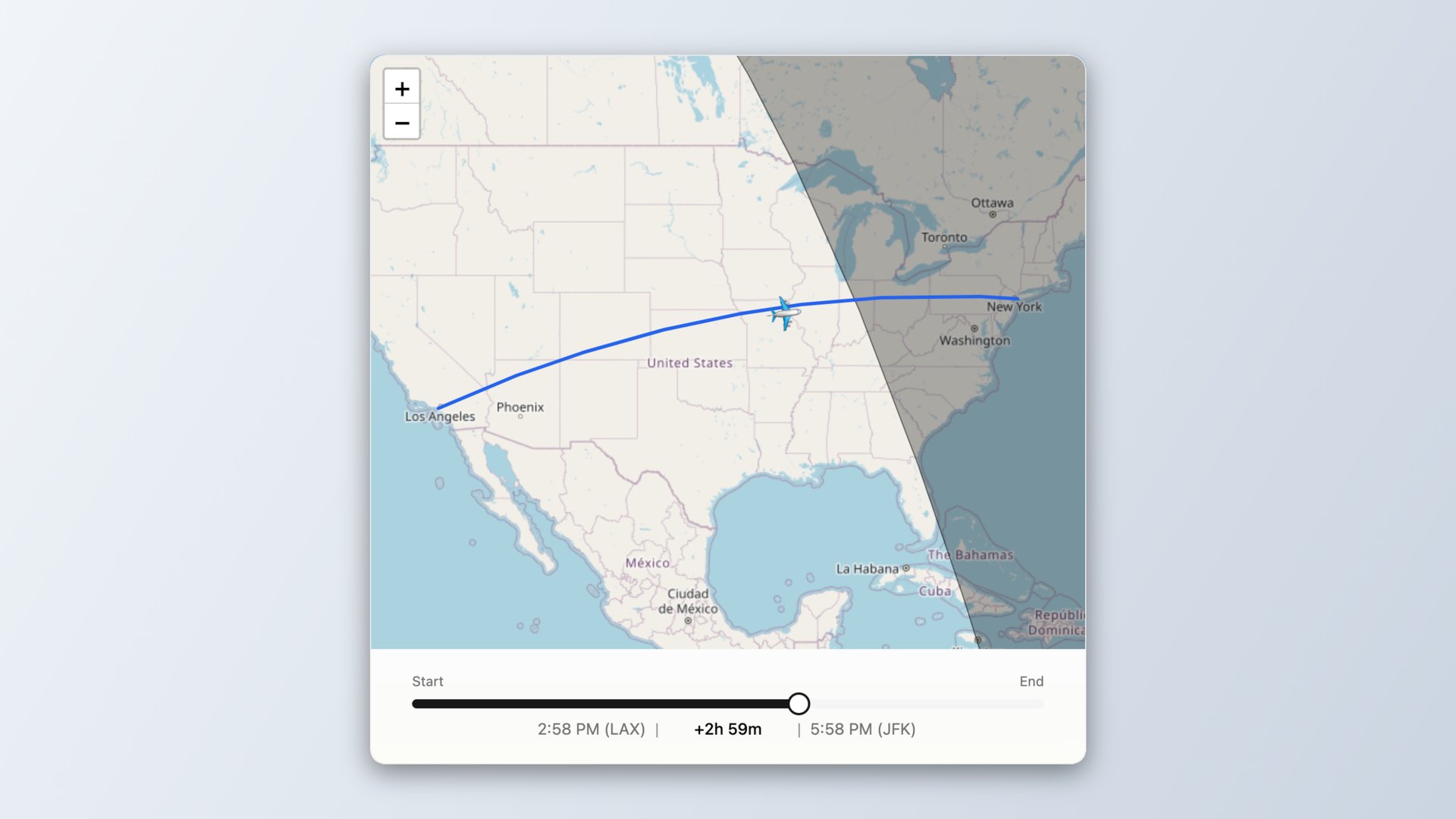 Time slider: aircraft marker along the route, sun and day/night line