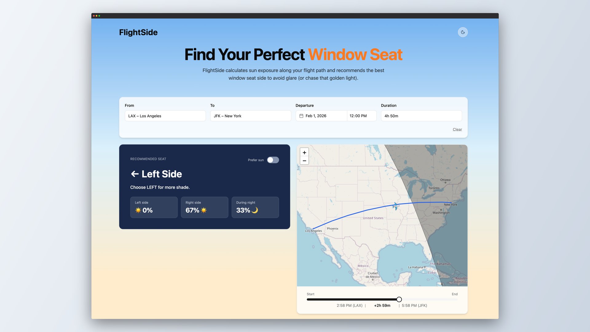 FlightSide full page: LAX → JFK route, sun and day/night line, seat recommendation
