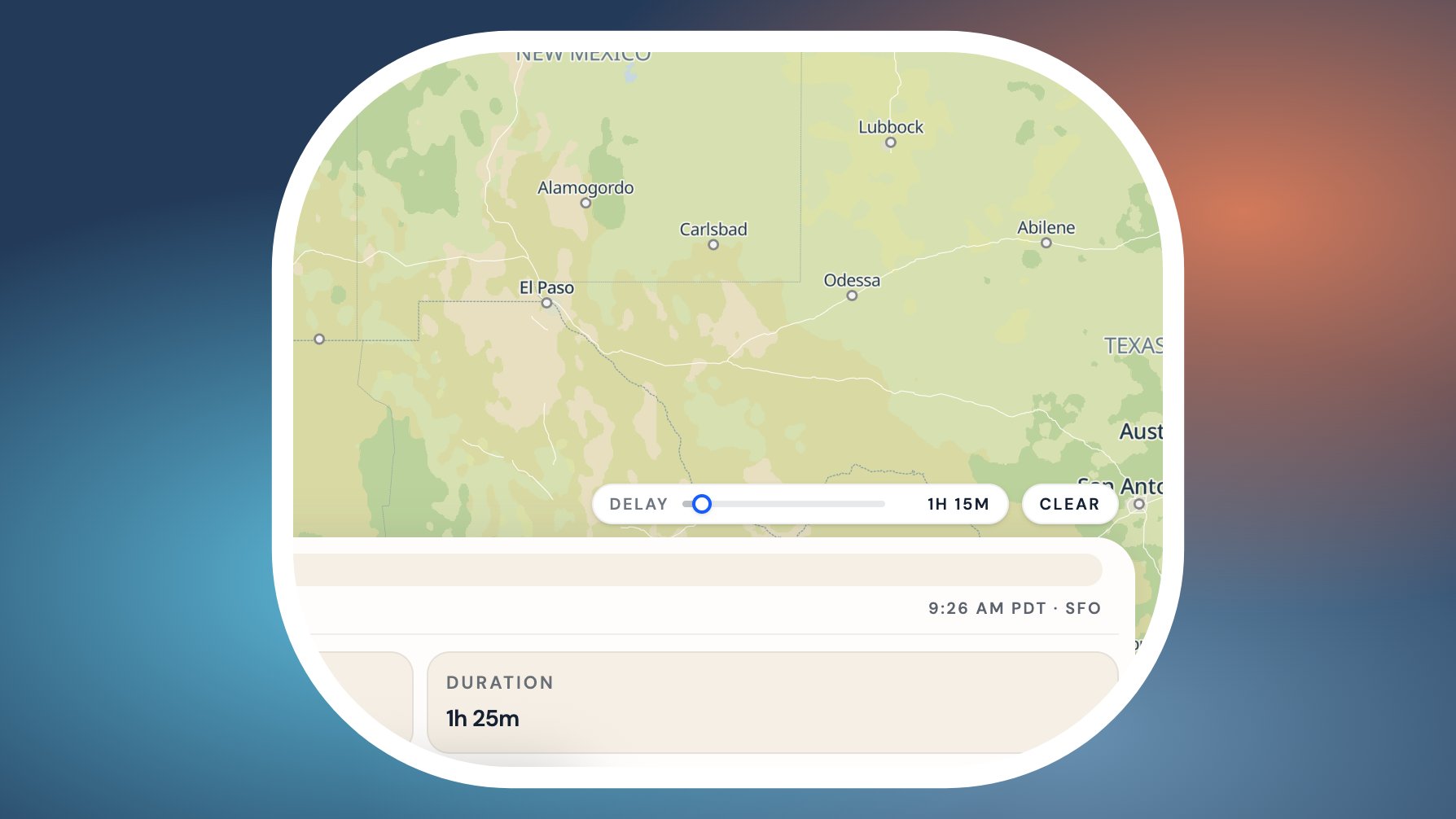 Delay slider set to 1 hour 15 minutes beneath a Texas route on the map
