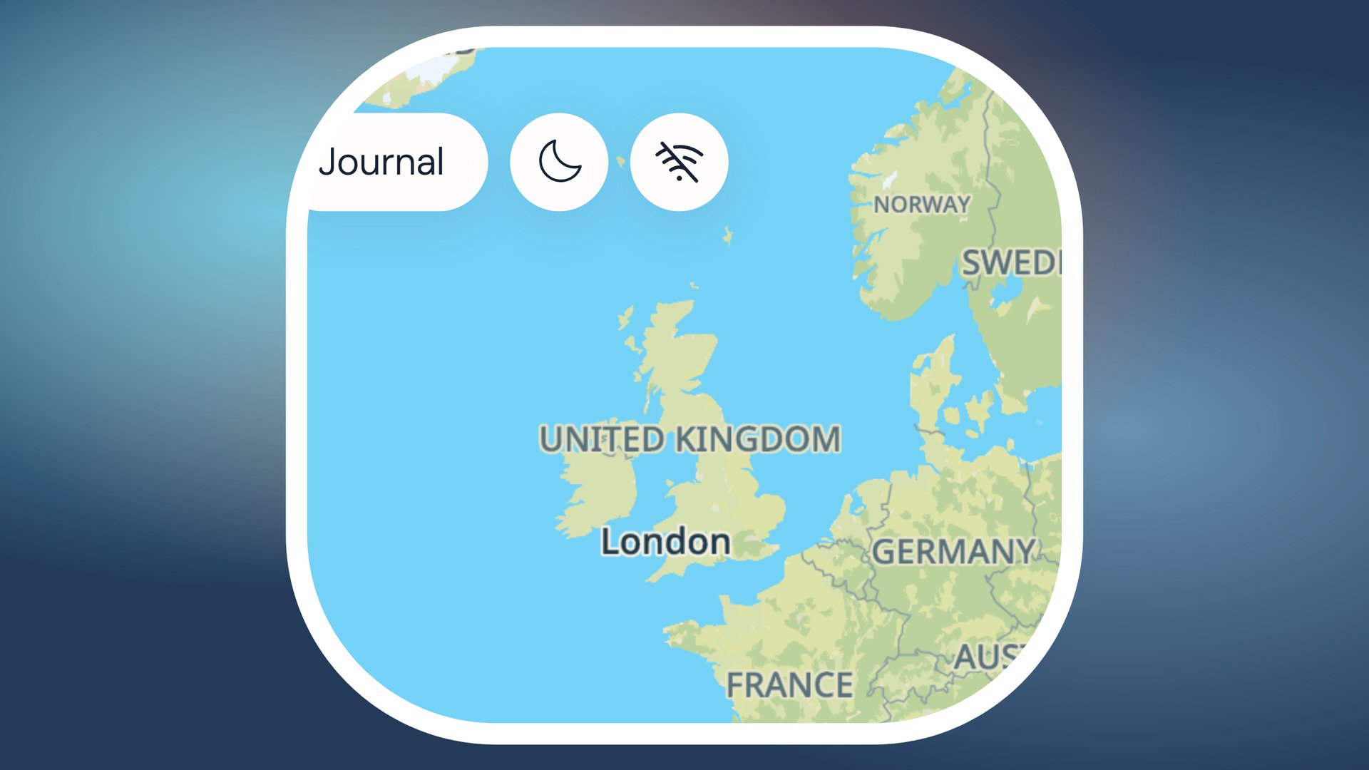 Nav bar showing the offline indicator icon alongside Journal and theme toggle, with a map of Europe visible