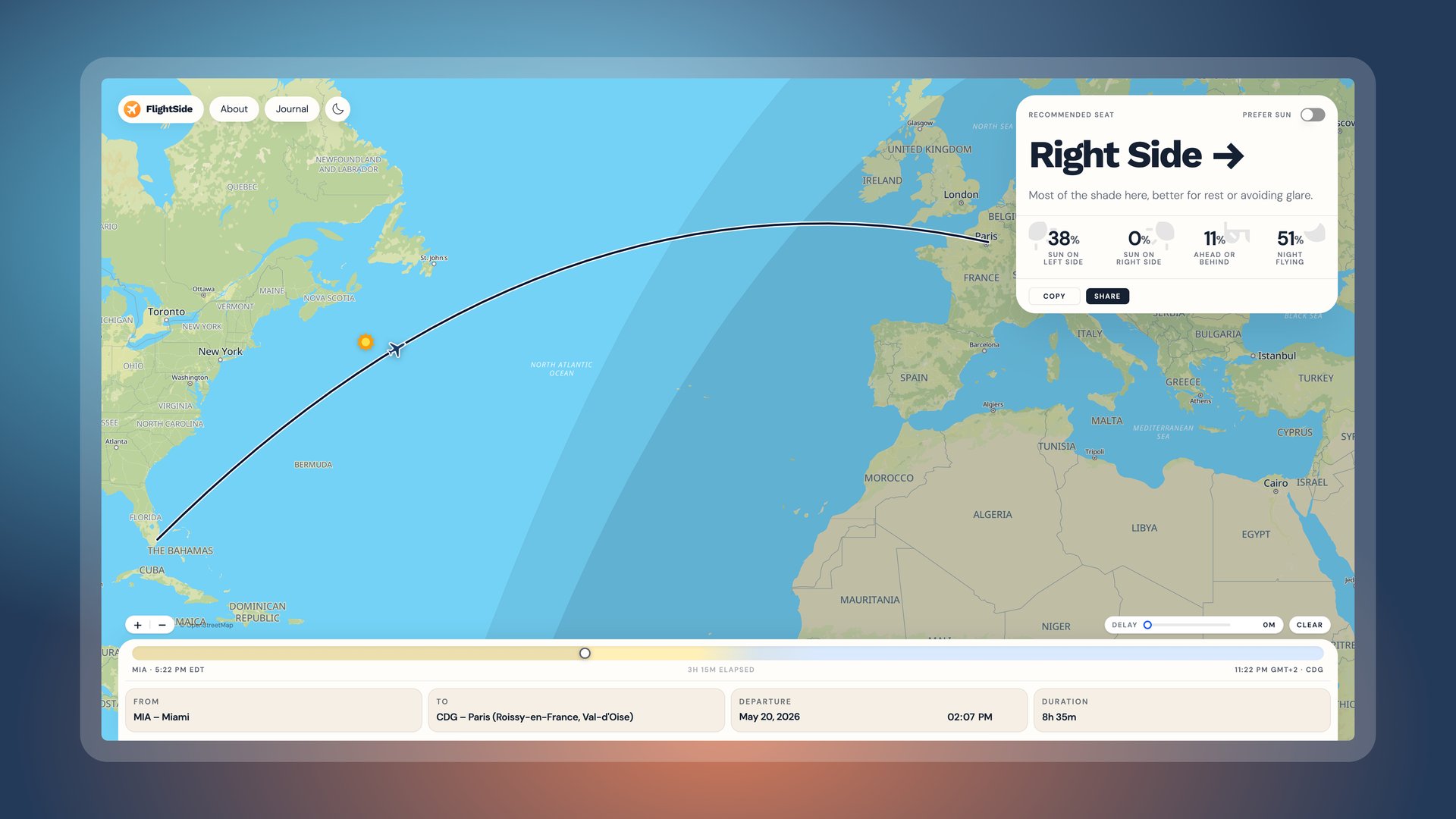 FlightSide map and timeline showing civil twilight along a flight route